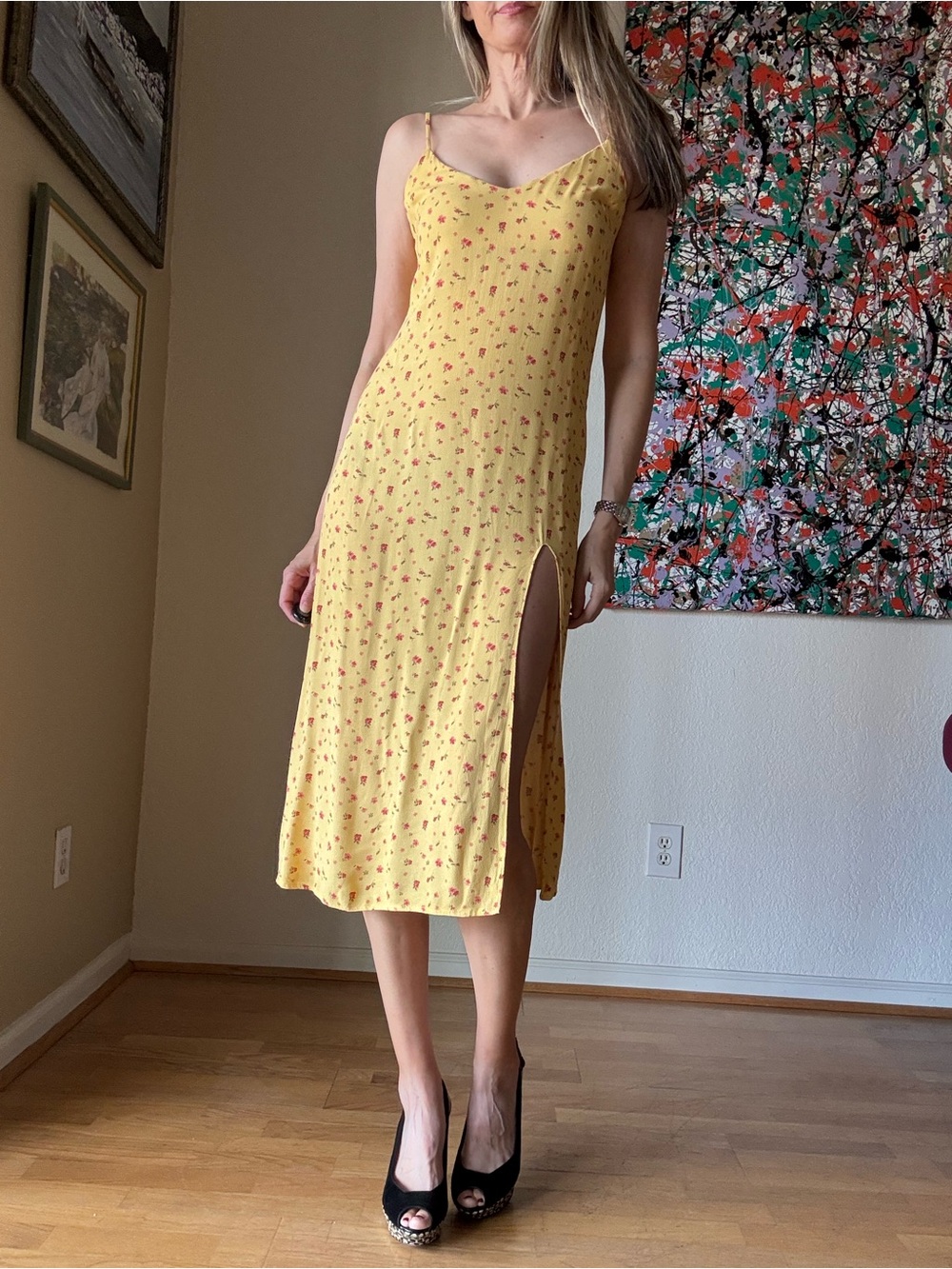 Reformation Yellow Floral Slip Midi Dress with Side Slit